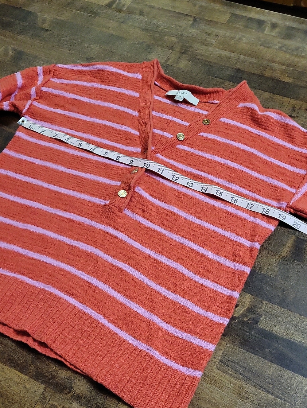 LOFT Coral Pink Striped V-Neck Button Sweater Size XS - Picture 4 of 15